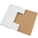 A partially open MH-USA 17 1/8 x 14 1/8 x 2 white easy-fold mailer (50/Bundle) reveals its brown interior, equipped with pre-scored lines for effortless assembly.