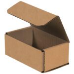 The 5 x 3 x 2 Kraft Corrugated Mailers, available in bundles of 50, are sturdy brown cardboard boxes. With a partially open lid showing a simple rectangular interior against a plain white background, theyre ideal for shipping or storage needs.