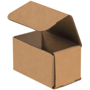 The 5 x 3 x 3 Kraft Corrugated Mailer, with a partially open lid showing an empty interior, is slightly angled to display its side and top flaps. Ideal for shipping needs, it comes in a bundle of 50.