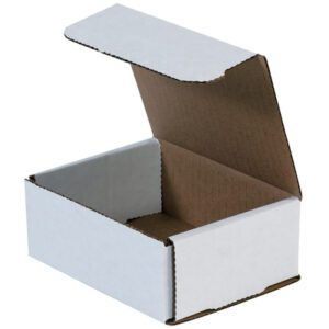 An MH-USA 5 x 4 x 2 white corrugated mailer, with a partially open lid, reveals its brown, textured cardboard interior against a plain background.