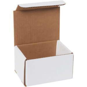 An open MH-USA 5 x 4 x 3 white corrugated mailer with a brown interior is ready for use. Its robust edges and corners show its sturdy construction, making it perfect for shipping.