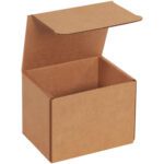 An open 5 x 4 x 4 Kraft Corrugated Mailer, brown and empty against a white background, has its lid tilted back and is poised to be bundled in sets of 50 for your packaging needs.