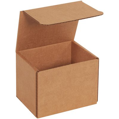 M544K.jpg An open 5 x 4 x 4 Kraft Corrugated Mailer, brown and empty against a white background, has its lid tilted back and is poised to be bundled in sets of 50 for your packaging needs.