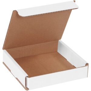 Viewed from above, an MH-USA 5 x 5 x 1 white corrugated mailer with a brown interior and partially open lid reveals its empty space. Flaps and edges are visible, indicating its ready for use. Available in bundles of 50 for convenience.
