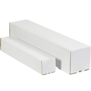 Two rectangular white cardboard boxes are placed horizontally and juxtapose against a plain backdrop, the larger behind the smaller, inspired by MH-USA 5 x 5 x 18 White Square Mailing Tubes (25/Bundle), offering understated elegance.