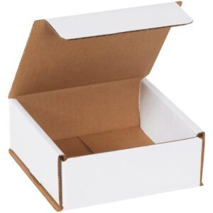 The MH-USA 5 x 5 x 2 white corrugated mailer from a 50/bundle set has its lid open, showing the empty brown interior, placed against a plain white background.