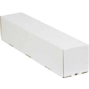 The sealed, unmarked long white cardboard box resembles an MH-USA 5 x 5 x 25 White Square Mailing Tube from a bundle of 25, resting discreetly against a white background.