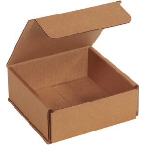 The 5 x 5 x 2 Kraft Corrugated Mailers, available in bundles of 50, feature an open cardboard box with a hinged lid and sturdy brown design, perfect for packaging or shipping small to medium-sized items.