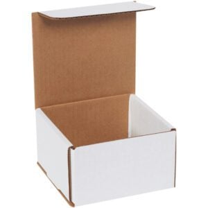 A partially opened 5 x 5 x 3 MH-USA White Corrugated Mailer (50/Bundle) with a brown interior is displayed against a white backdrop, its lid raised to show the empty space inside.