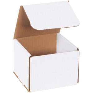 A partially lifted lid shows the brown interior of an MH-USA 5 x 5 x 4 White Corrugated Mailer from a 50-bundle set, with the plain square cardboard box against a white background, highlighting its simple yet functional design.