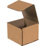 An unfolded 5 x 5 x 4 Kraft Corrugated Mailer rests on a white background. This empty square box is part of a bundle of fifty, perfect for secure deliveries.