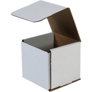 An open MH-USA 5 x 5 x 5 white corrugated mailer reveals its brown interior and stands slightly angled, displaying the sturdy exterior and spacious inside. This box is part of a bundle of 50.