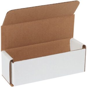The MH-USA 6 x 2 x 2 White Corrugated Mailers, sold in bundles of 50, feature a rectangular design with a white exterior and brown interior, making them ideal for packaging or shipping.