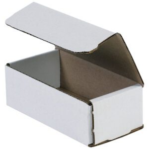 A plain white rectangular cardboard box, akin to the MH-USA 6 x 3 x 2 White Corrugated Mailers (50/Bundle), is partly open to show its brown interior. Angled with a raised lid and flared sides, it stands against a white background.