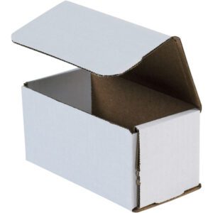 The MH-USA 6 x 3 x 3 White Corrugated Mailer from a bundle of 50 rests on a white backdrop, its lid open to reveal a durable and functional brown interior.