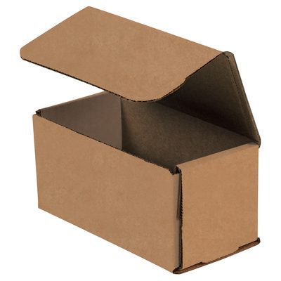 M633K.jpg An open 6 x 3 x 3 Kraft Corrugated Mailer, positioned at an angle with a partially lifted lid, showcases its sturdy design. This brown cardboard box reveals its ready-to-use depth and is available in bundles of 50 for shipping needs.