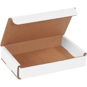 The MH-USA 6 x 4 x 1 White Corrugated Mailer from a 50-bundle set showcases its brown interior and partially open lid, emphasizing its simple, functional design.