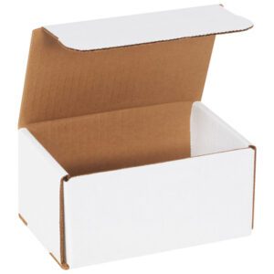 The MH-USA 6 x 4 x 3 White Corrugated Mailers feature a simple design with a white exterior and brown interior, ideal for packaging or storage. The box has a partially open lid and is available in bundles of 50.