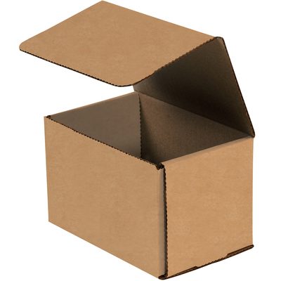 M644K.jpg A 6 x 4 x 4 Kraft Corrugated Mailer with one flap open shows its empty inside. Crafted from robust corrugated cardboard, this plain brown box comes in bundles of 50, ideal for secure mailing and storage.