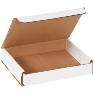 A partially open MH-USA 6 x 5 x 1 white corrugated mailer with a brown interior, viewed from an angle, showcases its efficient design—perfect for shipping. (50/Bundle).
