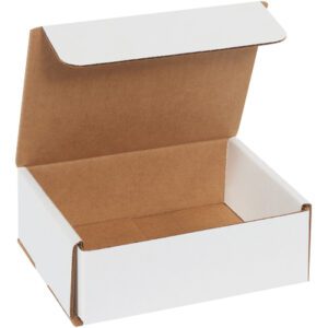 Partially open MH-USA 6 x 5 x 2 white corrugated mailer with a brown interior, showcasing its sturdy design. Comes in bundles of 50 for secure, economical shipping.