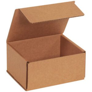The 6 x 5 x 3 Kraft Corrugated Mailer is upright against a white backdrop, its open flap lid displaying an empty interior. This simple, sturdy box is ideal for packaging needs and is sold in handy bundles of 50 as the 6 x 5 x 3 Kraft Corrugated Mailers (50/Bundle).