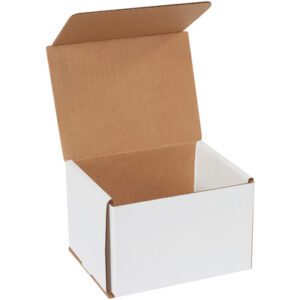 The MH-USA 6 x 5 x 4 White Corrugated Mailers (50/Bundle) have a sleek white exterior and robust brown interior, ideal for packaging and storage. The open box design features an upward-angling lid with top flaps that ensure secure closure.