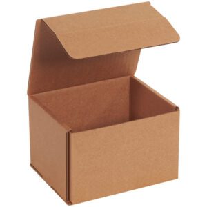 The 6 x 5 x 4 Kraft Corrugated Mailer, shown open and empty from a side angle, is part of a 50/bundle set and excellent for shipping or storage.