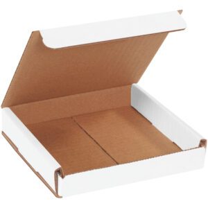 A partially open MH-USA 6 x 6 x 1 white corrugated mailer with a brown interior, designed with flaps and angled to showcase its depth and sturdy construction, ideal for secure shipping.