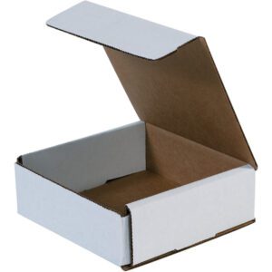 An MH-USA 6 x 6 x 2 white corrugated mailer from a bundle of 50 rests on a plain backdrop, its lid slightly open to show the spacious brown interior—ideal for securing and stylishly sending items.