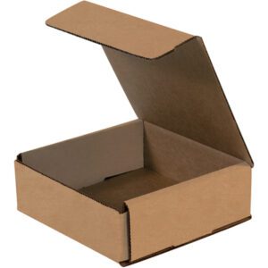An open brown cardboard box with a hinged lid sits against a white background, displaying the sturdy build and simple design of an empty 6 x 6 x 2 Kraft Corrugated Mailer. Ideal for packaging or shipping, these mailers come in bundles of 50 to meet your mailing needs.
