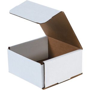 The MH-USA 6 x 6 x 3 White Corrugated Mailer from a bundle of 50 is shown with its lid ajar, revealing the brown interior contrasting with the sleek white exterior against a plain white background.