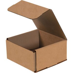 The 6 x 6 x 3 Kraft Corrugated Mailers (50/Bundle) have a brown, textured open cardboard box design with an upward-hinged lid, ideal for packaging or storage.