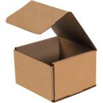 An open 6 x 6 x 4 Kraft Corrugated Mailer from a bundle of 50 reveals its empty interior, displaying the plain brown box against a stark white background with one flap lifted.