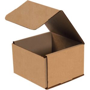 An open 6 x 6 x 4 Kraft Corrugated Mailer from a bundle of 50 reveals its empty interior, displaying the plain brown box against a stark white background with one flap lifted.
