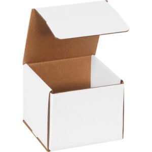 The small, open-lid white cardboard box with a brown interior resembles the durable and simple MH-USA 6 x 6 x 5 White Corrugated Mailers (50/Bundle).