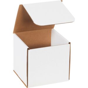 A MH-USA 6 x 6 x 6 white corrugated mailer box with an open lid reveals its brown interior. Positioned against a white background, the empty box showcases its sturdy design.
