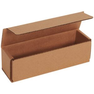 The 7 x 2 x 2 Kraft Corrugated Mailers, bundled in sets of 50, are rectangular brown cardboard boxes with open lids revealing an empty interior, ideal for packaging or storage, and beautifully showcased against a plain white background.