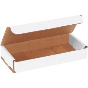 An unfolded MH-USA 7 x 3 x 1 white corrugated mailer with a brown interior is shown against a plain white background, with its lid lifted.