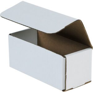 A white rectangular MH-USA 7 x 3 x 3 Corrugated Mailer (50/Bundle) is open, showing its brown interior. The box is angled to display the open front and side.