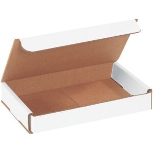 The MH-USA 7 x 4 x 1 white corrugated mailer, with a brown interior, is shown partially open from a side angle on a plain background, revealing its rectangular flat base. Sold in bundles of 50 for efficient packaging solutions.