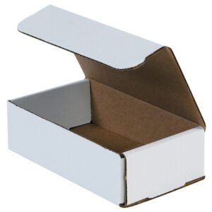 A three-quarter angle displays an open MH-USA 7 x 4 x 2 white corrugated mailer, revealing its plain brown interior. This bundle includes 50 versatile mailers.