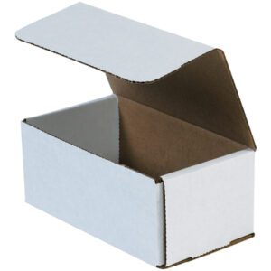 Open an MH-USA 7 x 4 x 3 white corrugated mailer with a hinged lid, showing its natural brown interior and slightly raised lid from a front angle. These mailers are sold in bundles of 50.