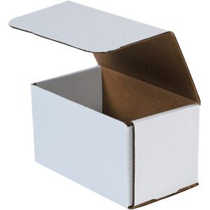 An MH-USA 7 x 4 x 4 white corrugated mailer, featuring a brown interior, sits on a white background with its flap slightly open, exposing the empty inside. Perfect for packaging needs, these sturdy mailers are available in bundles of 50.