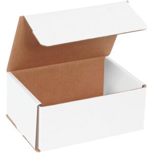 The MH-USA 7 x 5 x 3 White Corrugated Mailer, from a bundle of 50, features an open design with its lid tilted back. Its natural cardboard interior contrasts vividly against the plain white exterior, emphasizing its sturdy and practical construction.