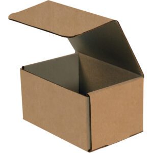 A brown cardboard box with open flaps reveals a plain interior, showcasing the depth and spaciousness of the 7 x 5 x 4 Kraft Corrugated Mailers (50/Bundle) when positioned at an angle.