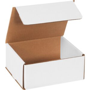 Open white cardboard box with a brown interior on a white background, showing the partially opened lid revealing the inside of an MH-USA 7 x 6 x 3 White Corrugated Mailers (50/Bundle).