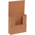 A brown cardboard brochure holder with a tall back and open front, ideal for organizing brochures or pamphlets. Its design echoes the Kraft Easy-Fold Mailers dimensions (7 1/2 x 7 1/2 x 2), featuring a flat base and straight sides for simplicity and functionality.