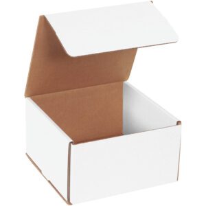 Open MH-USA 7 x 7 x 4 white corrugated mailer with brown interior against a white background, its lid partially open to display the empty box. Each bundle includes 50 mailers for versatile shipping needs.