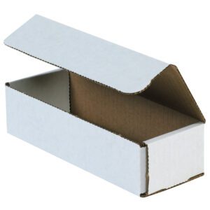 The MH-USA 8 x 3 x 2 white corrugated mailer, empty with an open flap showing its brown interior, highlights its sturdy construction against a basic backdrop, ideal for shipping. Available in bundles of 50.
